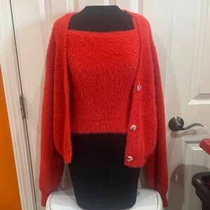 NWOT willow & wind Vibrant Red Fuzzy Cardigan Set size S
